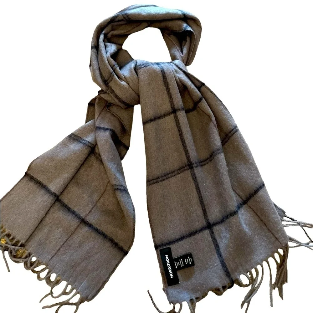 NORDSTROM 100% Cashmere Gray Black & Purple Windowpane Plaid Scarf w/ Fringe